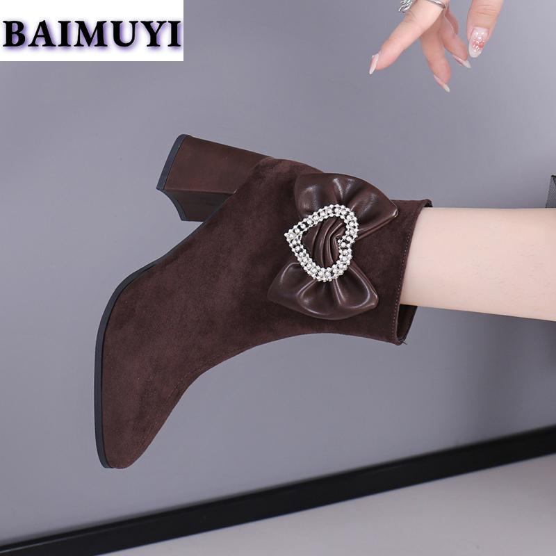 Bow Crystal Pointed Toe Women Ankle Snow Boots High Heels Shoes 2025 Trend Luxury Brand Chunky Chelsea Boots Pumps Mujer Botas