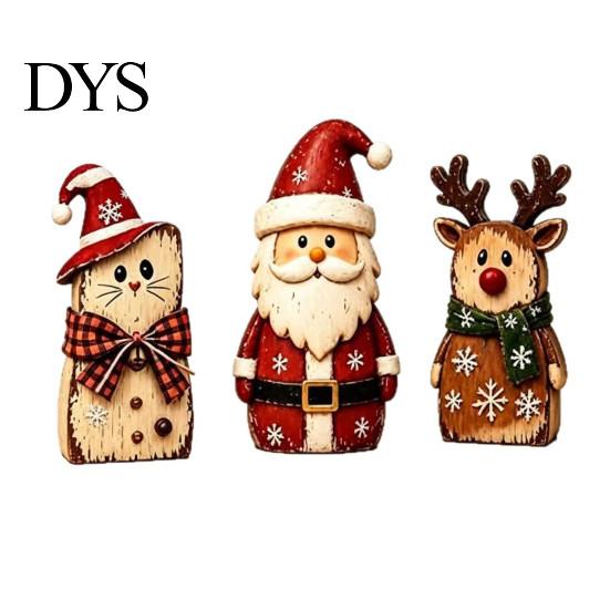 Small Christmas Shelf Sitters Wooden Tabletop Figurine, Hand Painted Santa Reindeer Cat Decor, Rustic Decorative Mantel Pieces Wood Holiday