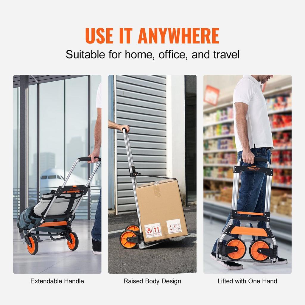 Folding Hand Truck, 275 lbs Load Capacity, Aluminum Portable Cart, Convertible Hand Truck and Dolly with Telescoping Handle and PP+TPR Wheels, Ultra