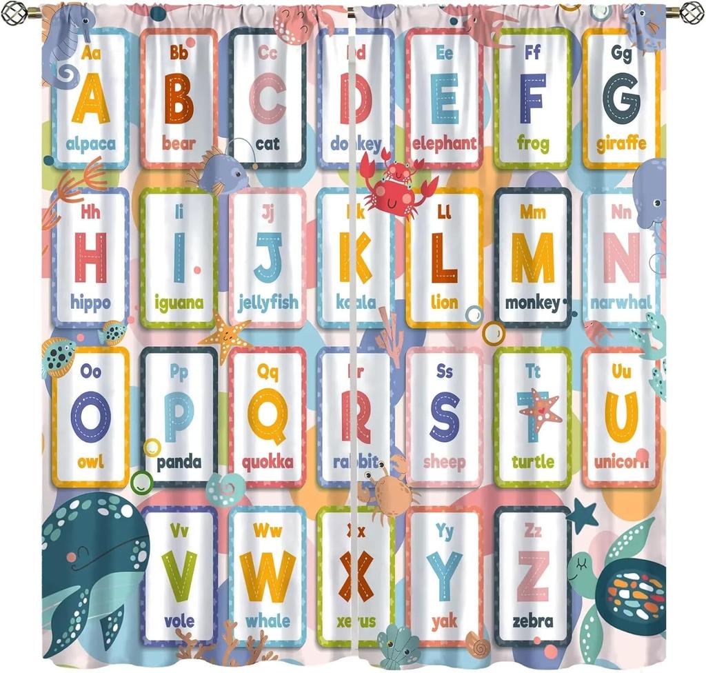 Abc Alphabet Curtains, Cartoon Toddler Colourful Animals Numbers Colours Classroom Learning Windows Treatments Drapes For Kids