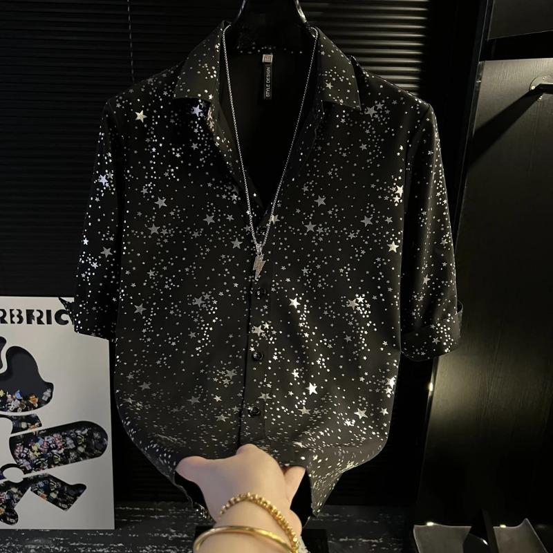 

Men Star Print Shirt Short Sleeve Lapel Button Down Casual Party Sparkle Shirt for Men S чёрный