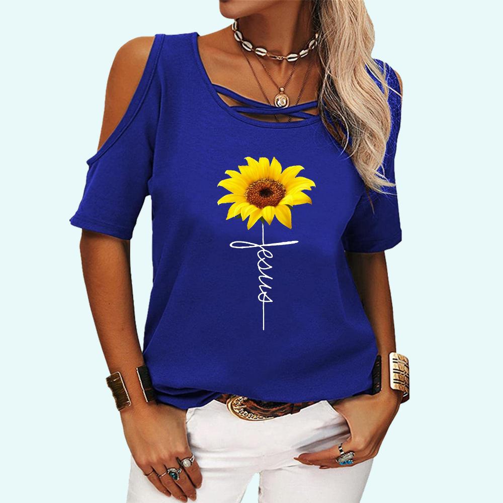 Women Fashion Off Shoulder Top Summer&fall Round Neck Short Sleeve Tee Shirt Ladies Casual Floral Print T-shirt