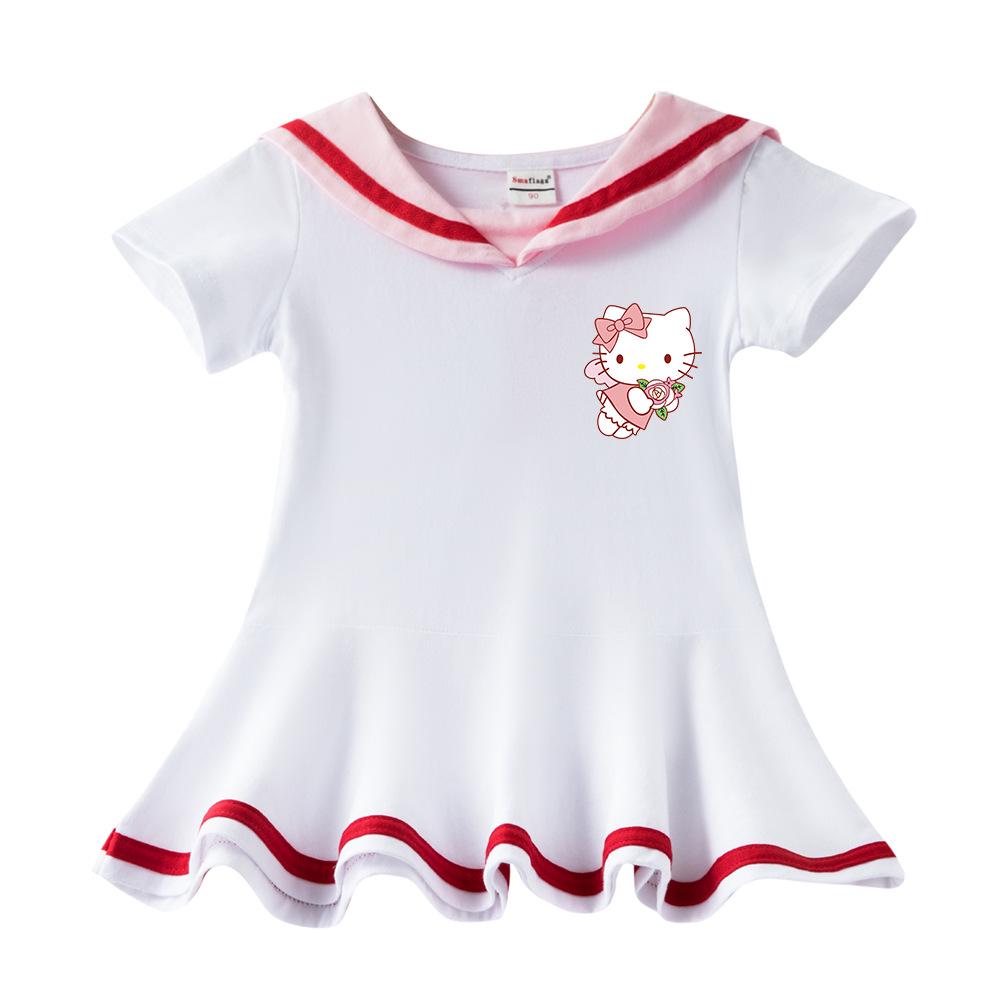Hello Kitty Girls' Short-Sleeve Summer Dress - New Style, Pure Cotton, Lightweight Skirt