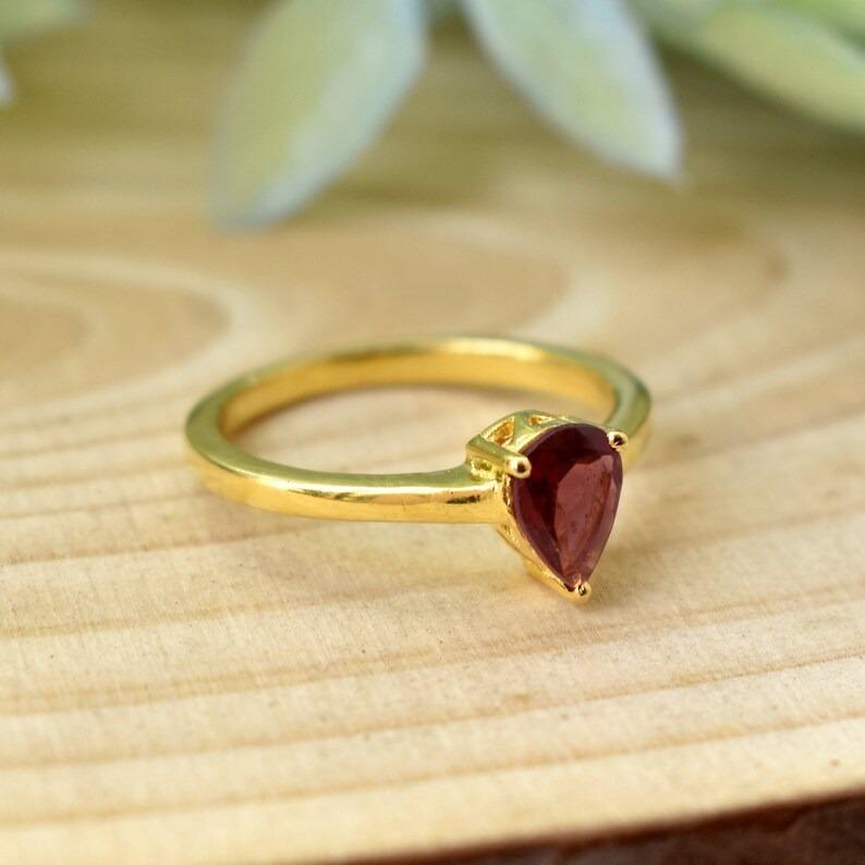Granat Birne Edelstein Handgefertigter Designer 925 Sterling Silber Ring, Gelbgold Ring, Statement Ring, Damen Ring, Krappenfassung Ring