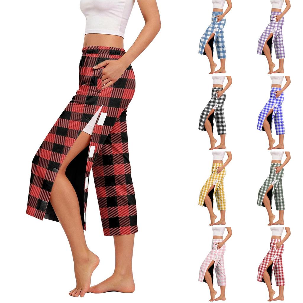 Pantaloni Capri da Donna per il Recupero Post-Chirurgico con Apertura Laterale, Vita Elastica, Leggeri, Comodi, Vestibilità Larga, Fantasia a Quadri