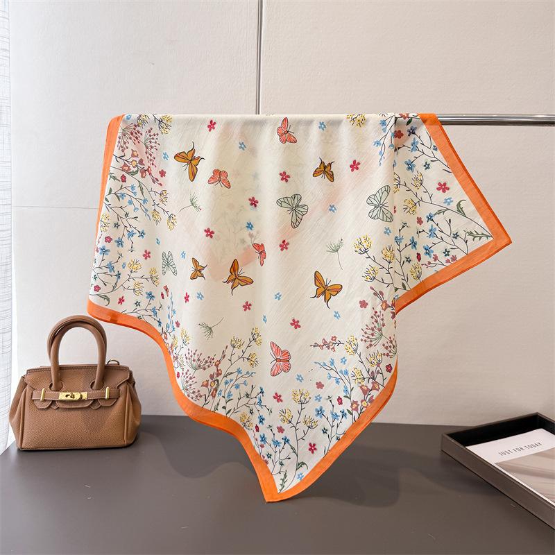 Butterfly flower pure cotton small square scarf high-end printing silk scarf headscarf shawl scarf women's professional scarf scarf scarf