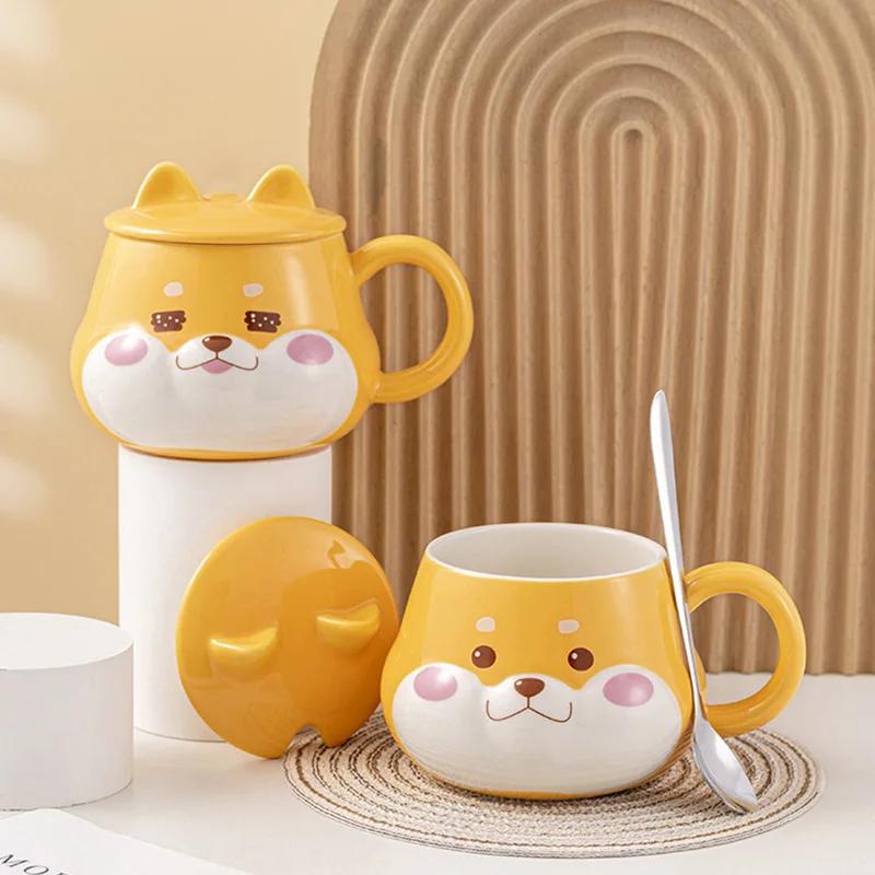 Creative Shiba Inu Ceramic Mug with Lid Cute Household Breakfast Mugs Office Coffee Cup with Lid Couple Water Cups Drinkware