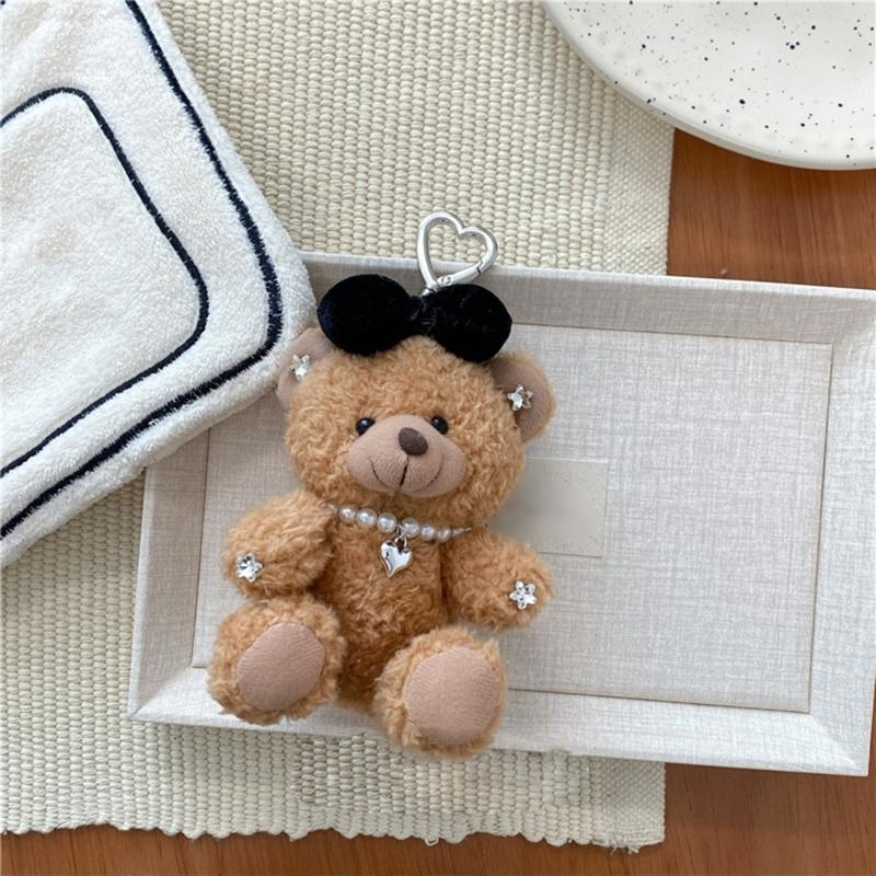 Soft Plush Bear Hanging Ornament Fashionable Soft Bear Keychain with Bowknot Plush Key Accessory for Stylish Bags