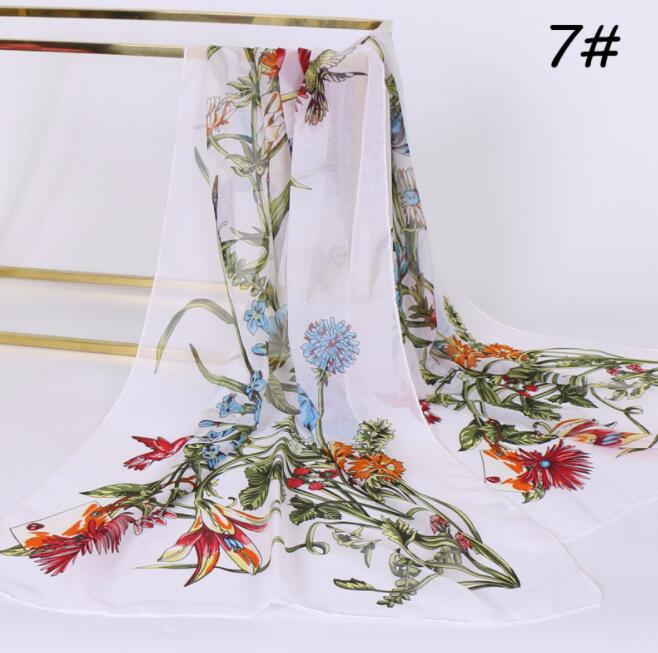Chiffon Floral Elegant Scarves Silk Scarf Fashion Women Flower Printed Long Soft Wrap Scarf Simulation Silk Shawl Beach Scarf