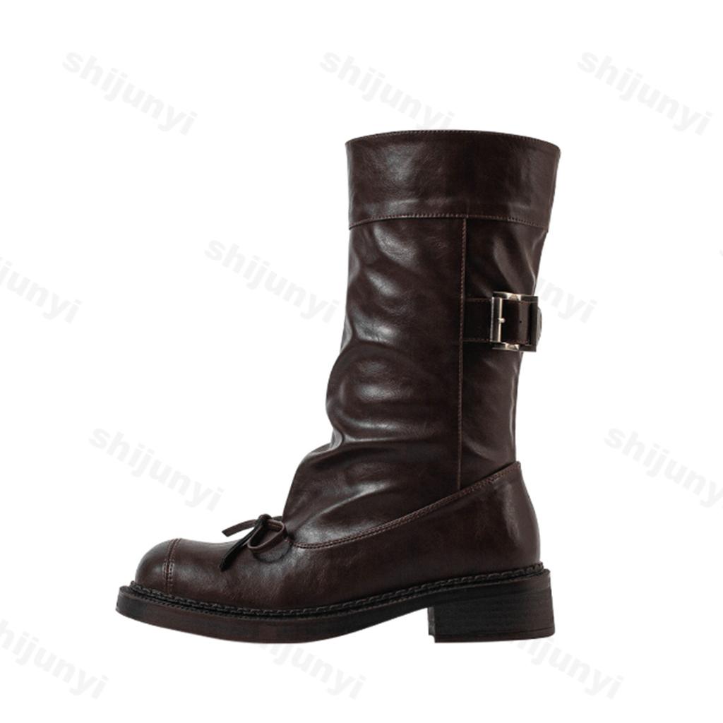 New 2024 Autumn Women Platform Boots Khaki Suede Pleated Mid-calf Boots Retro Fashion Bowknot Western Cowboy Boot Knight Booties