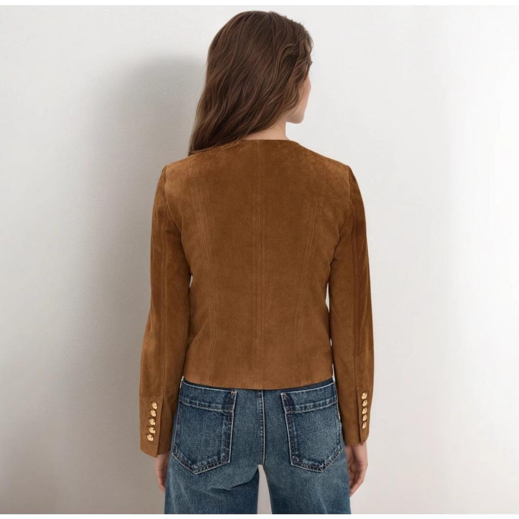 New Women's Vintage Suede Single-breasted Short Blazer, Fashion Elegant Casual Outerwear for Women, European & American Style