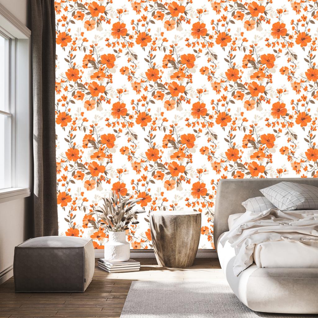 Flowers and Leaves Wallpaper White and Peach for Living Room and Bedroom 50x1000