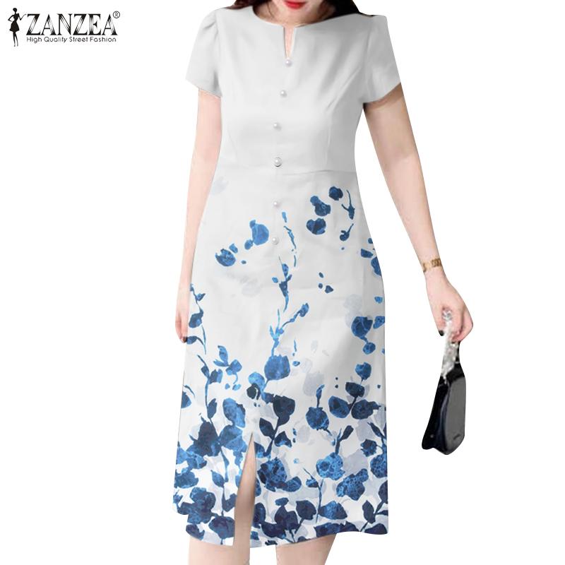 

ZANZEA Женское повседневное летнее платье с короткими рукавами и круглым вырезом с принтом S синий