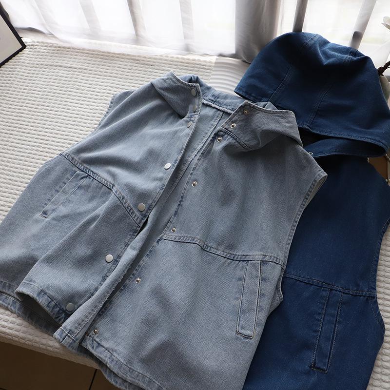 2025 Spring/Summer Women's Korean-Style Loose Casual Hooded Denim Vest Jacket