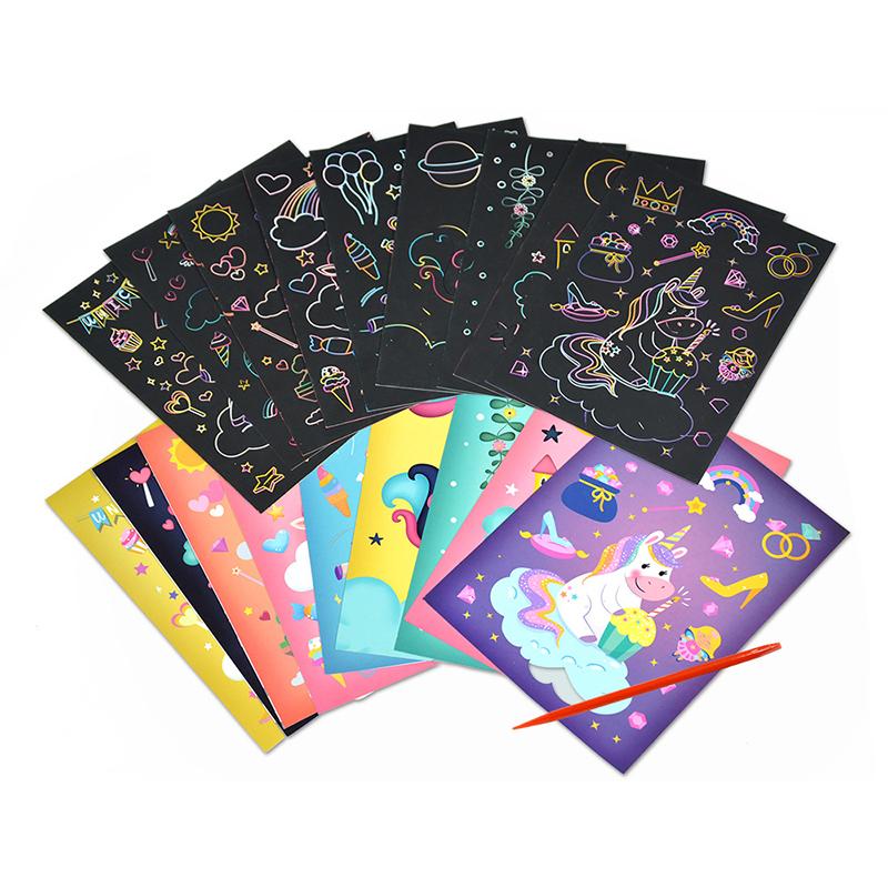 1Set Scratch Paper Magic Color Rainbow Cartoon Scratch Art Painting Paper Card Kit Drawing Stick Office Education Supplies TMZ