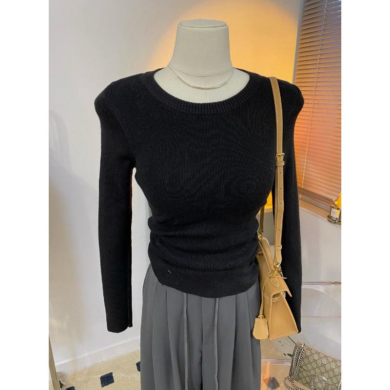 Slim-fitting and thin long-sleeved knitted sweater women's spring solid color round neck versatile bottoming shirt top soft waxy sweater