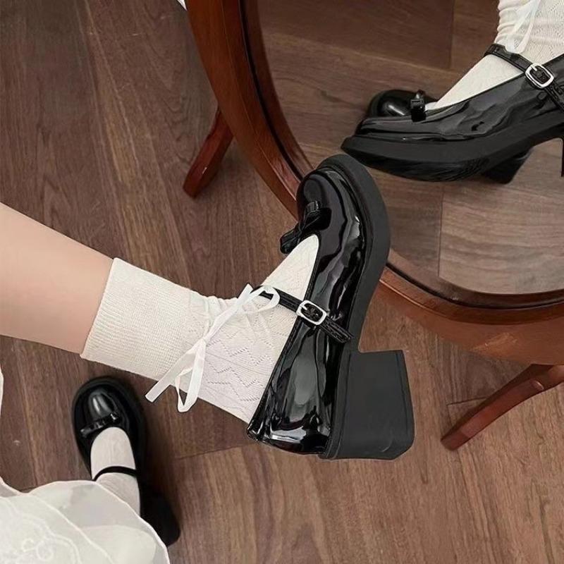 Round head versatile single shoes college style skirt autumn new high heels small leather shoes women's Mary Jane women's shoes