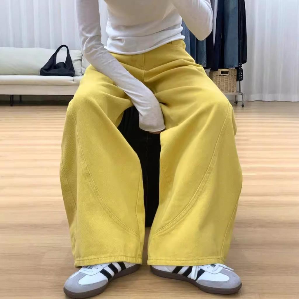 Women's High Rise Loose Fit Wide Leg Jeans Casual Yellow Denim Pants With Drape