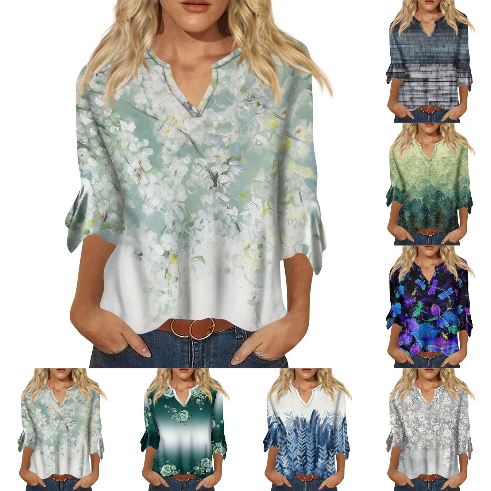 

Women s Fashion V-Neck Print 3/4 Sleeves Print T-Shirt Slim Top Casual Tops