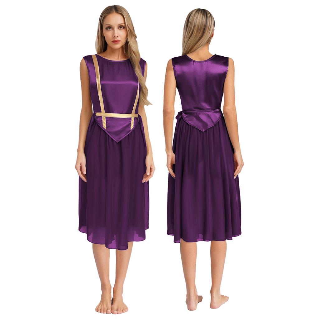 Womens Liturgical Dance Costume Round Neck Sleeveless Design Lace-up Sides Split Hem Satin Tunic