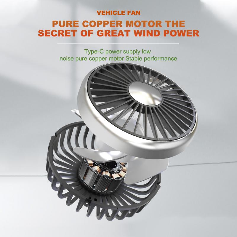 SEAMETAL USB Car Cooling Fan with 360° Rotatable Double Head 3 Speed Regulation Rear Air Fan for Truck
