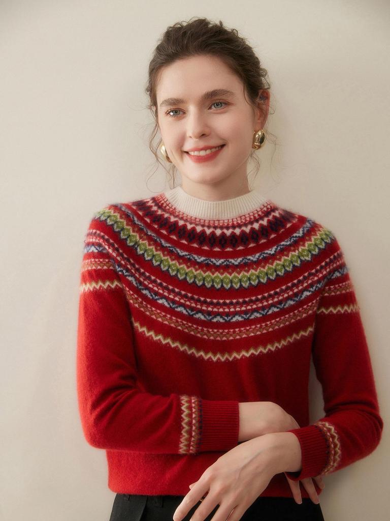 2025 Women's Half-High Collar Cashmere Fair Isle Jacquard Sweater - Versatile Base Layer Knitwear