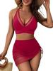 2025 European and American Solid Color Mesh Patchwork Drawstring Split Swimsuit