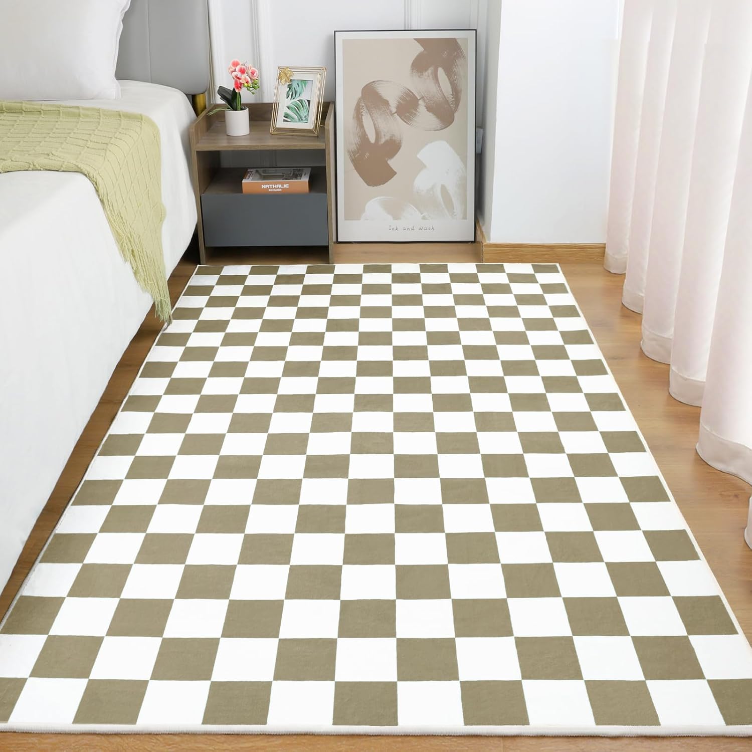 

Black and White Checkered Rug for Living Room Bedroom, 6x9Soft Washable Area Rug with Non Slip, Low Pile Stain Resistance Carpet 122x183cm хаки