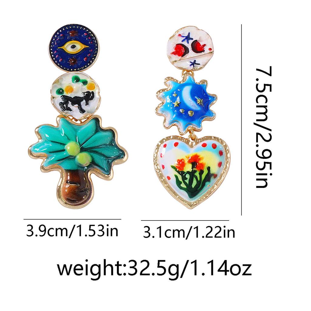 ZA cross-border literary and retro creative design sense alloy printing geometric love flower flower asymmetrical women's earrings