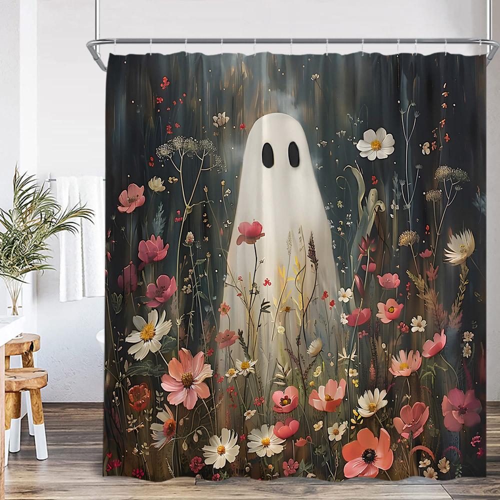 

White Ghost Halloween Spectre Shower Curtain Pumpkin Lanten Spooky Happy Halloween Bathroom Decor Polyester Fabric Bath Curtain W60H190(CM)-1 Pcs