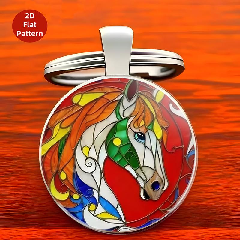 Retro Zodiac Horse Pattern Zinc Alloy Circular Keychain Car Backpack Hangings Decoration