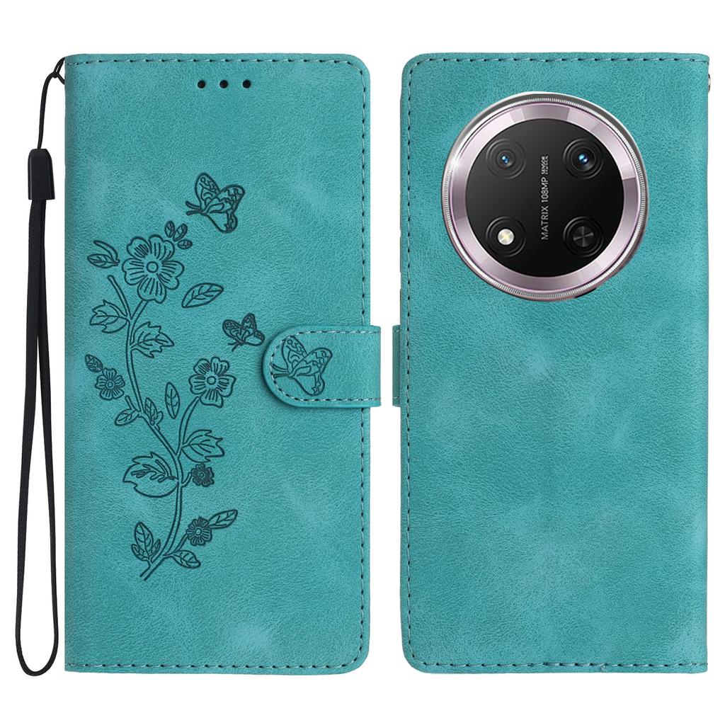 For Honor X9c 5G Case Leather Imprinted Flower Phone Cover Wallet with Wrist Strap