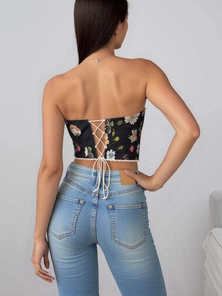 French Lace Tie Fishbone Camisole - Retro Floral Print Women's Top