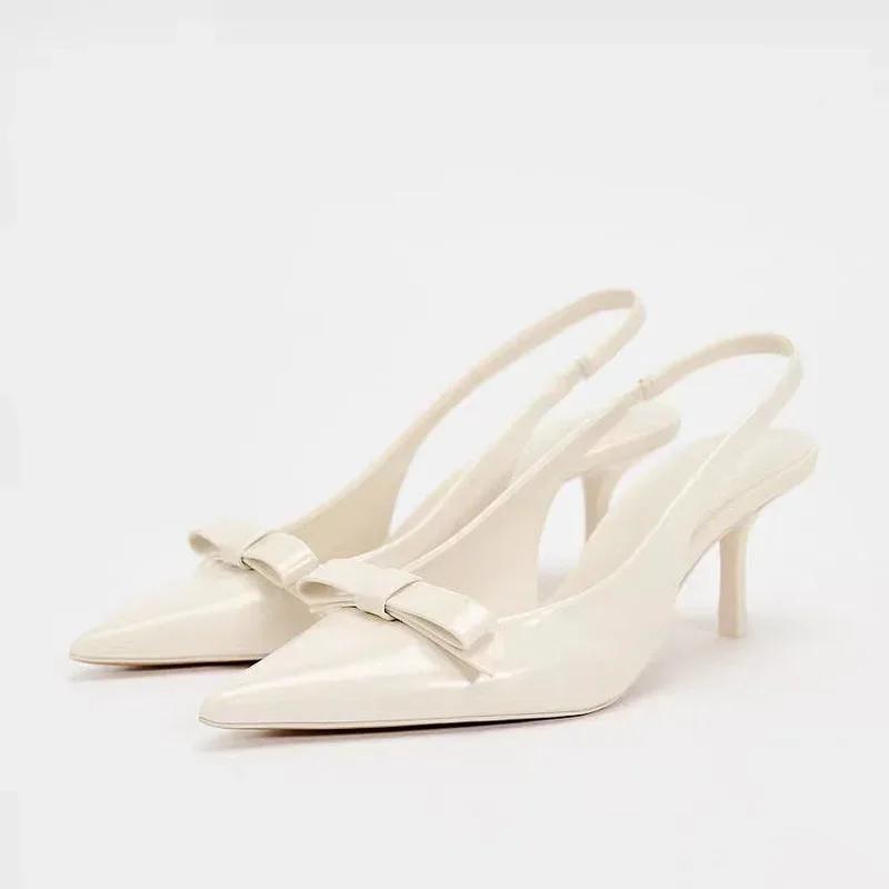 

White Women High Heel Shoes Sweet Bow Patent Leather Elegant Stilettos Slingbacks Summer Sandals for Female 36 бежевий