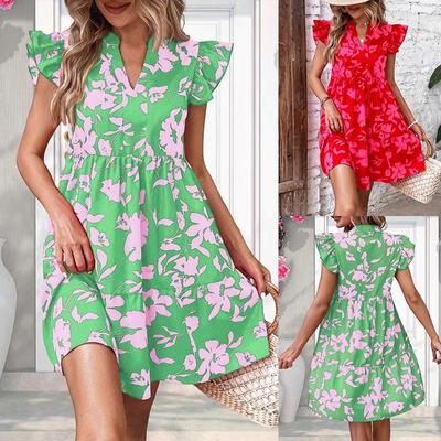 Frühling Sommer Rüschen Ärmel V-Ausschnitt Sexy Kleid Frauen Lose Taille Gedruckt Floral Kurzes Kleid Frau Mode Vintage Elegante Casual Kleider 24515