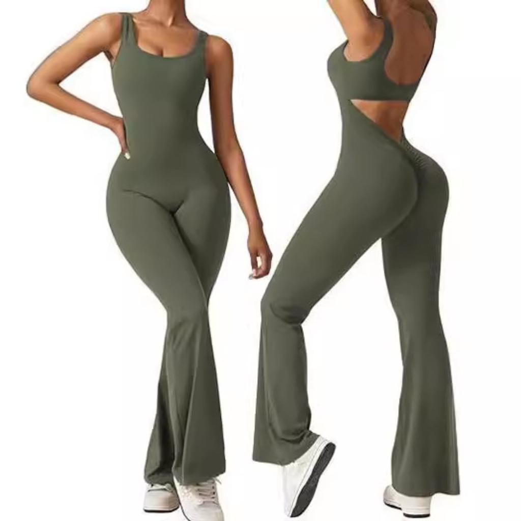 Women's Square Neck Sleeveless Jumpsuit Slim High Waist Back Cutout Flare Yoga Unitard