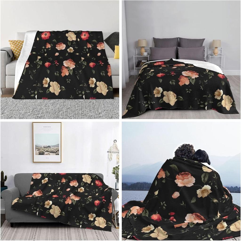 Vintage Dark Rose Floral Print Flannel Blanket Retro Flower Soft Warm Throw Blanket Sofa Bed Botanical Home Decor Gift