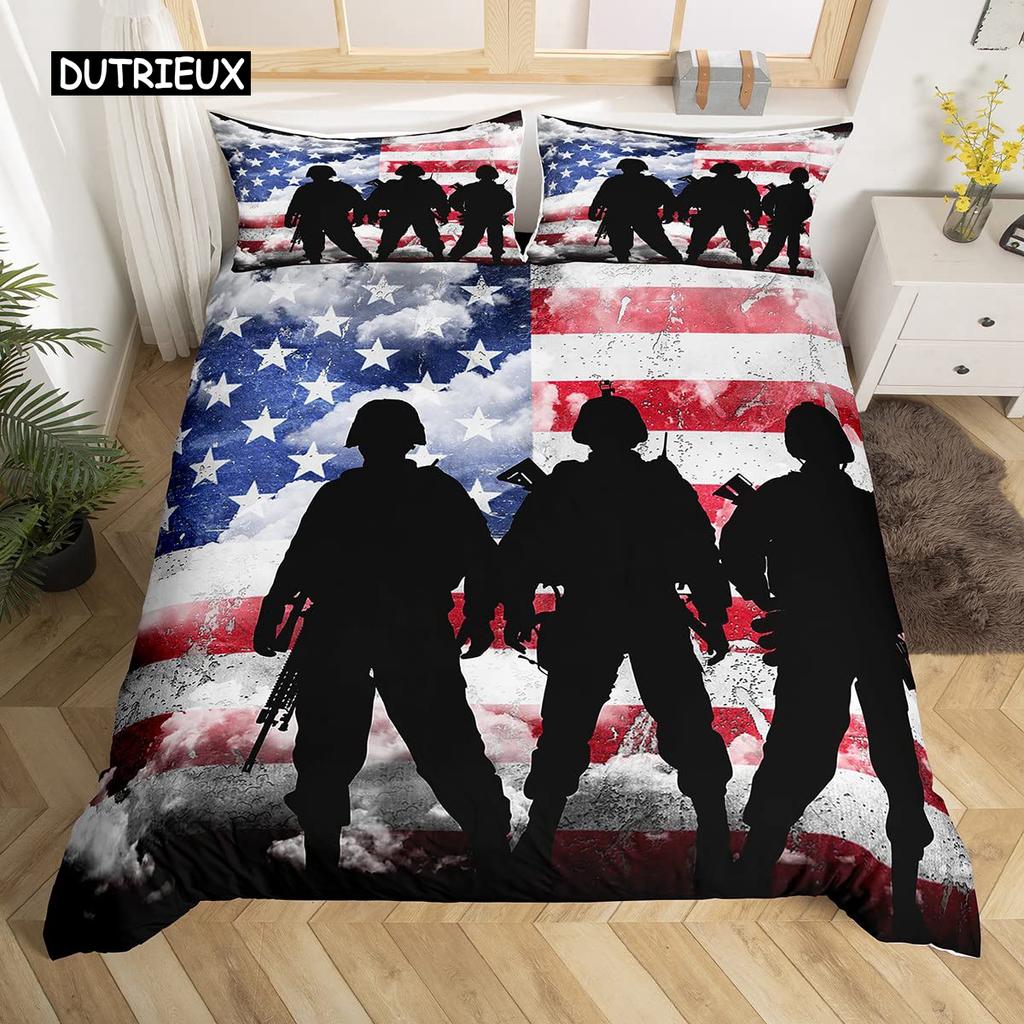 Soldier Duvet Cover Set King Size Soldier Helicopter Silhouette Bedding Set Microfiber 2/3pcs Green Black Military Quilt Cover