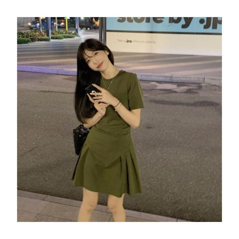 Womens Short Sleeve T-Shirt Dress With Cinched Waist Pleated Asymmetrical Hem French-Inspired Casual Small