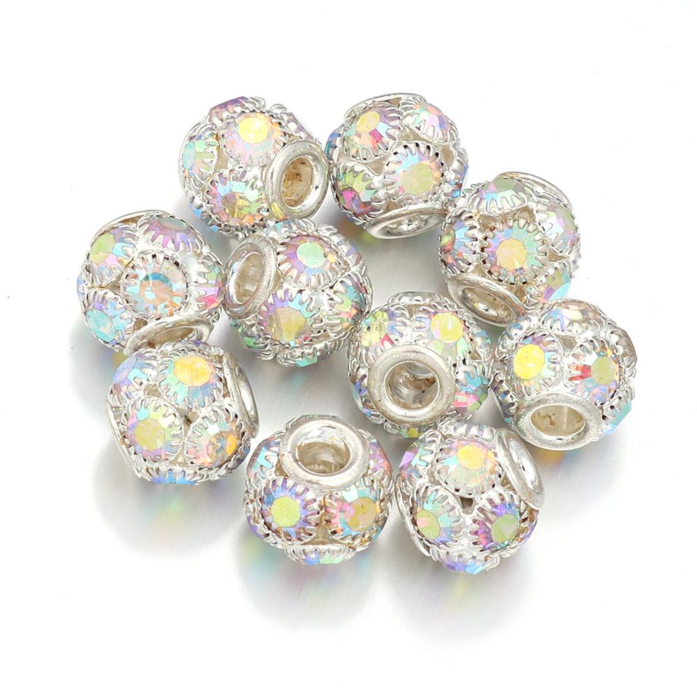 5pcs/lot Metal Beads With Colorful Rhinestones Big Hole Loose Spacer Beads For DIY Fashion Bracelet Necklace Jewelry Accessories