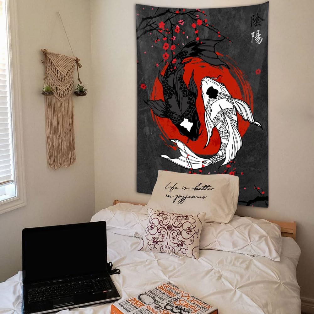 Koi Fish Yin Yang Wall Tapestry Japanese Art Decor Red Cherry Blossom Design Boho Bedroom Living Room Home Interior Hanging