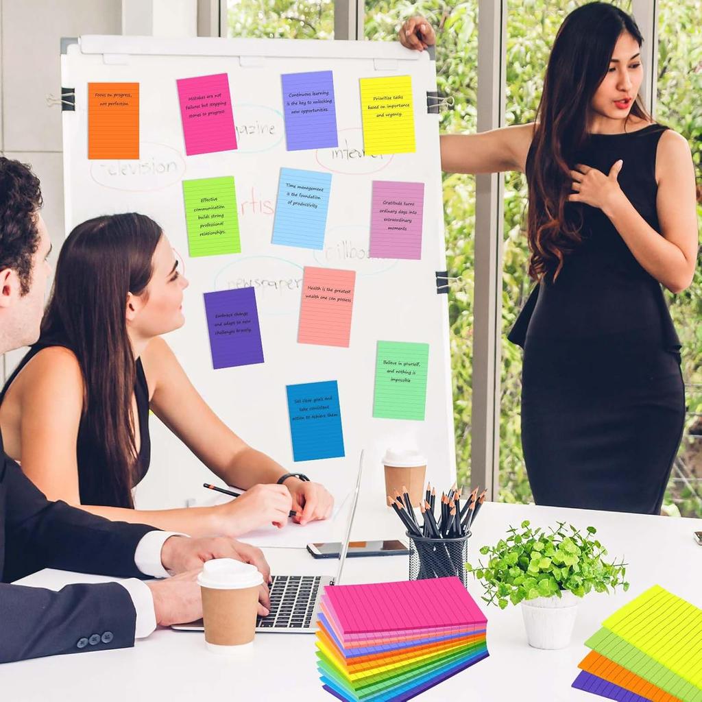 (12 Pack) Lined Sticky Notes 4x6 Inch, 12 Bright Colors - Sticky Note with Lines, Strong Adhesive & No Residue - Large Sticky Notes Thick Paper, for
