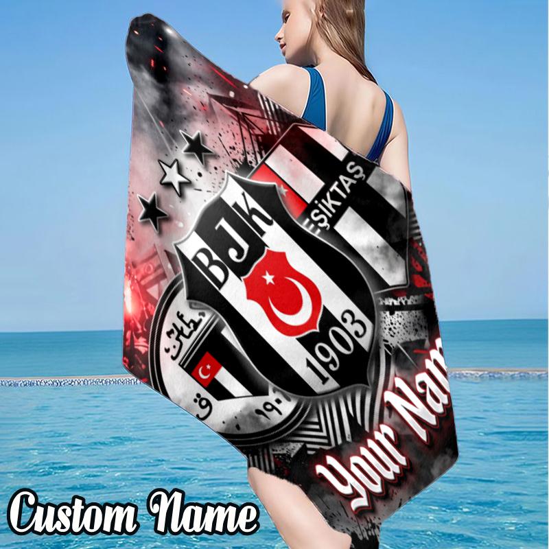 Custom Name BJK Football Crest Beach Towel - Soft, Ultra-Absorbent Microfiber, Lightweight, Perfect for Beach, Parties, Travel, Camping