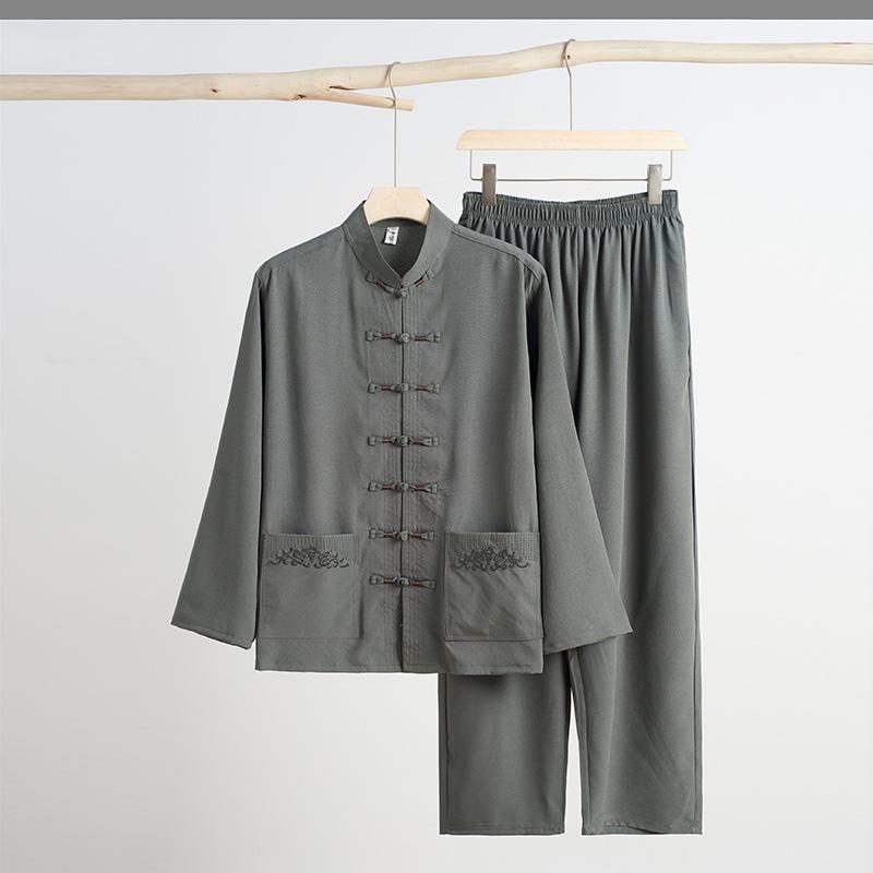 Autumn Solid Color Tang Suit for Middle-Aged & Elderly Men: Loose Fit, Large Size, Perfect for Morning Exercise & Daily Casual Wear