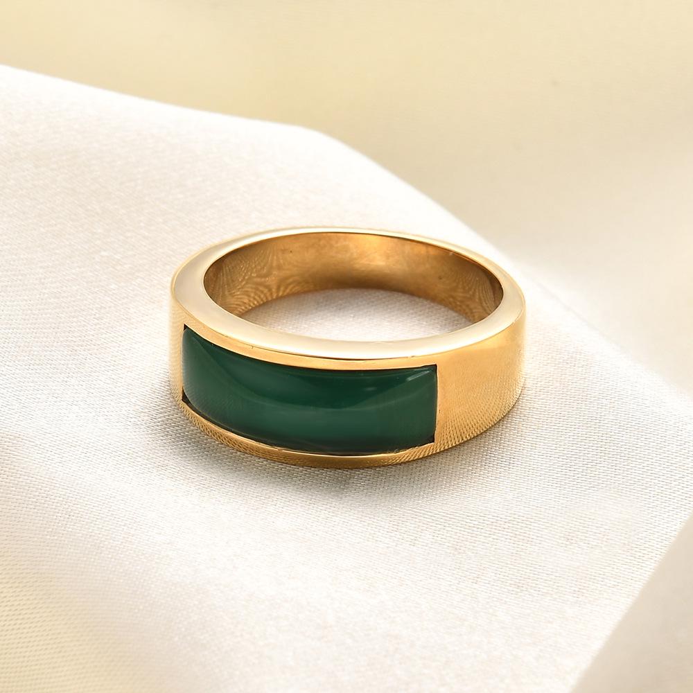 Anello Retro Europeo e Americano in Acciaio Inossidabile Verde Giada Occhio di Gatto per Donna