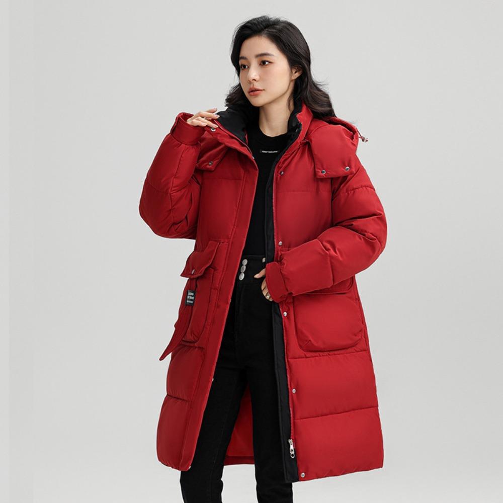 

New Korean version hooded medium and long contrasting colors loose thickened padded jacket jacket padded jacket women s trend M красный