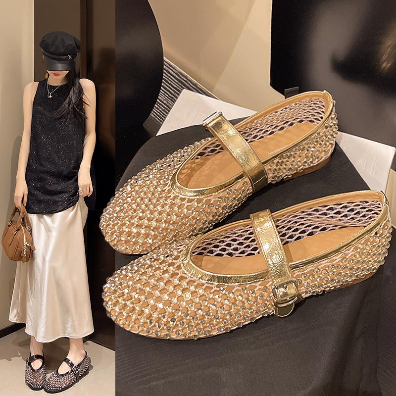 Fashion Luxury Crystal Rhinestone Fishnet Ballet Flats Woman Brand Design Rivet Mesh Mary Jane Shoes Ladies Summer Loafers Plus Size 40