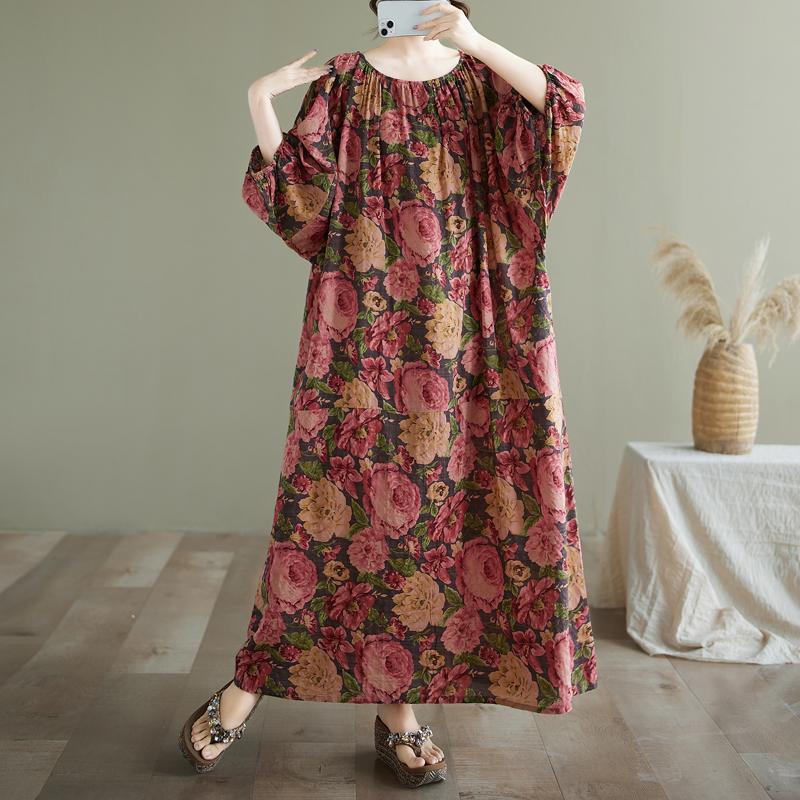 Dimanaf 2025 Summer Plus Size Dress Women Casual Vintage Floral Dress Basic Printing Long Beach Elegant Loose Dress