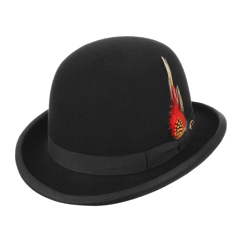 Wool Dome Cap Bowler Hat Feather Decor 