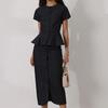 Women's Black Polka Dot Short Sleeve Top and Midi Skirt Set with Ruffle Hem